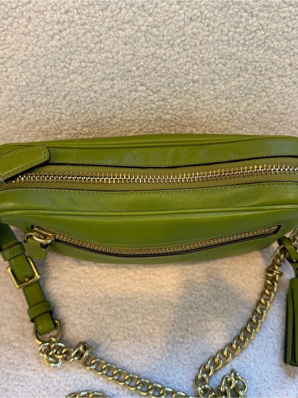 COACH Flight Bag Lime Green Leather Crossbody with Gold Chain